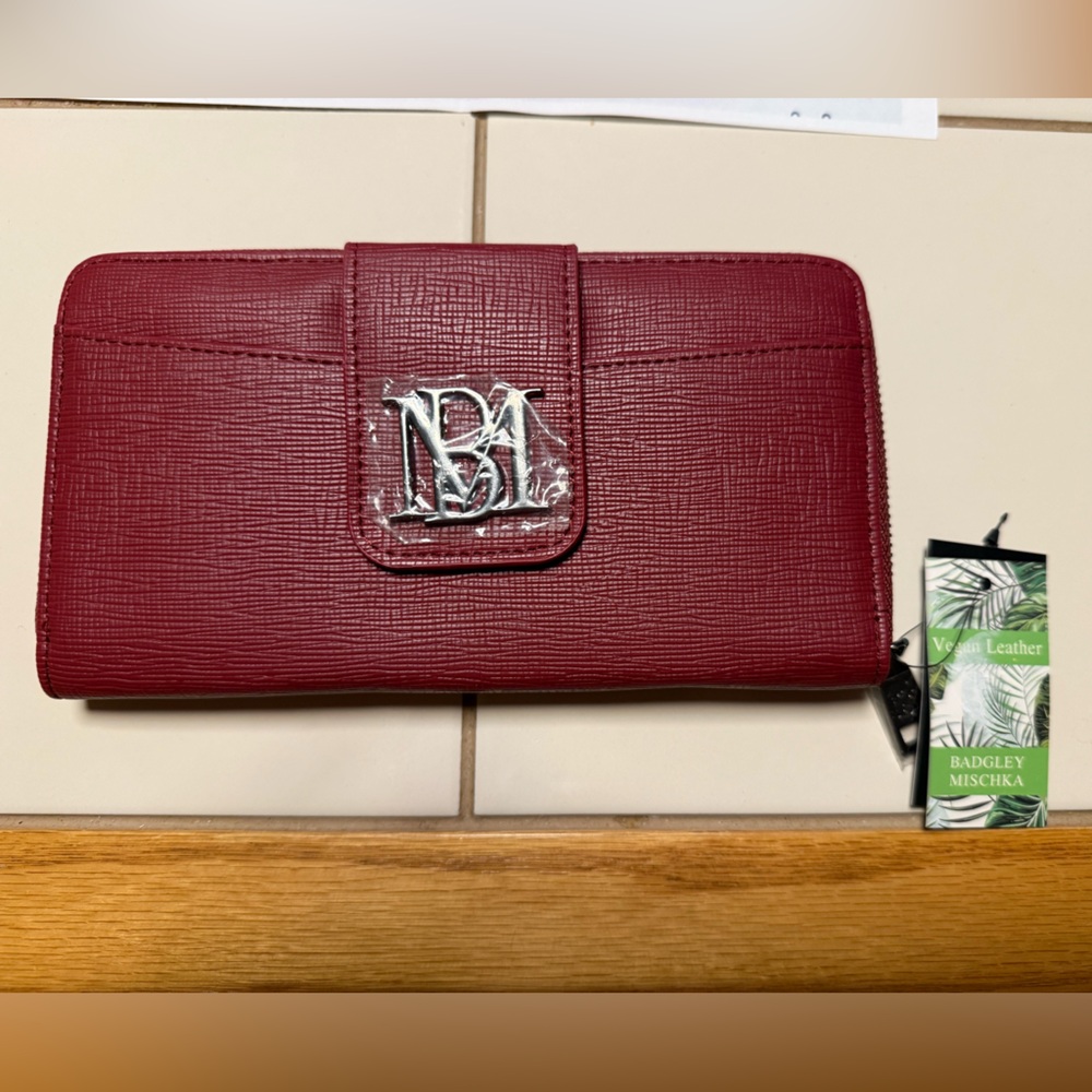 Badgley Mischka Long Wine Full Zip Around Wallet Logo and Branded NWT